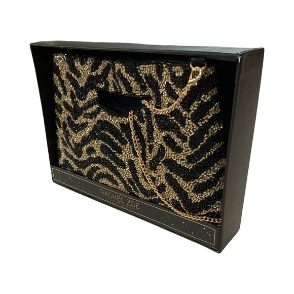 Rachel Zoe Beaded Cut-Out Handle Clutch Removable Chain Black Gold Animal Print - Picture 2 of 5